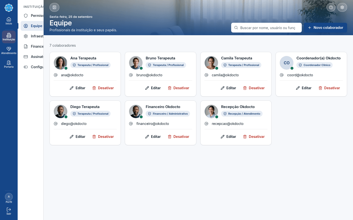 Equipe do Okdocto com profissionais e seus papéis
